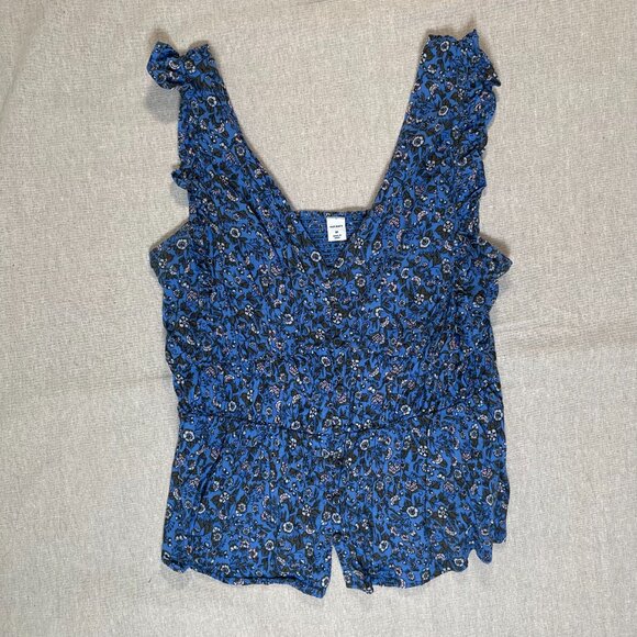 Old Navy | Blue Floral Waist-Defined V-Neck Button Front Blouse | Medium - Picture 2 of 9